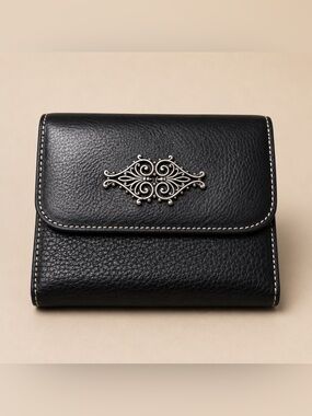 Brighton Black Leather Trifold Wallet with Silver Filigree Emblem